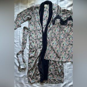 Silk & Satin Vintage Floral Long Robe and Mini Slip Nightdress